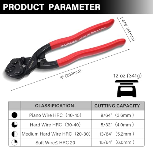 Image of HAUTMEC 8 Inch Mini Bolt Cutters, High Leverage Compact Bolt Cutter, Anti-Slip Comfort Grip, CRV Steel Blade with Recess, Cuts Rods, Bolts, Wires, Cables, Rivets, and Chains, HT0463