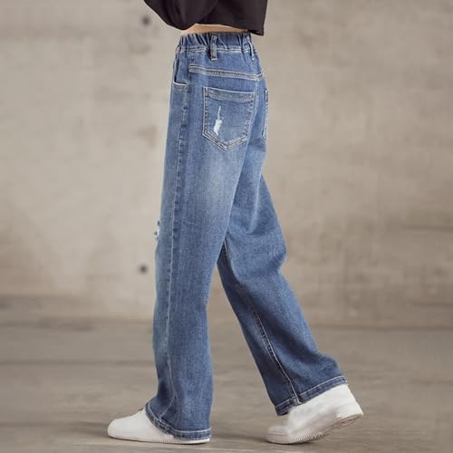 Girl's Asymmetrical Ripped Jeans Y2K Streetwear Elastic Waisted Wide Leg Straight Denim Pants with Pockets 2025 Trendy4
