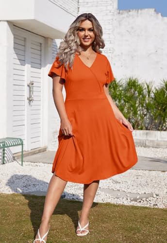 Image of Women's Plus Size Summer Dresses V Neck Ruffle Short Sleeve Casual Wrap A Line Midi Dress with Pockets