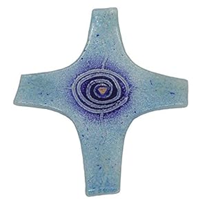kruzifix24 kunsthandwerk glazen kruis moderne levensspiraal blauw aquamarijn goud Fusingglas 23 x 19 cm uniek handwerk