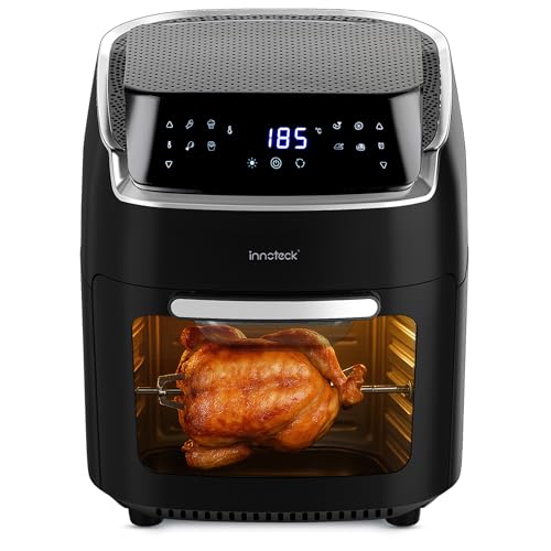 Innoteck 12L Digital Air Fryer Oven with Rotisserie 1800W Large Air Fryer with Touch Panel & 8 Cooking Presets, Shelves, Basket, Racks & Drip Tray Black & Silver Finish