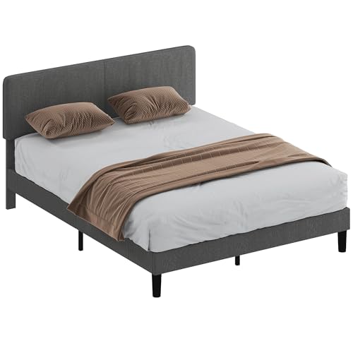 HOMCOM Somier 160x200 cm con Cabecero Ajustable, Estructura de Cama, Tapizado en Pana, Láminas de Madera, Fácil de Montar, Gris Oscuro
