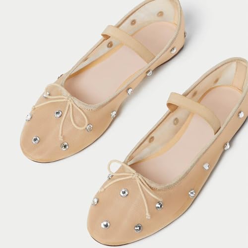 olomisa Mesh Ballet Flats for Women Crystal Embellished Flats Rhinestone Ballerina Flats Snip Toe Stretch Band Shoes Mary Jane Flats3
