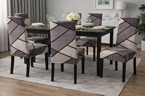 Image of Chair Covers Set of 4 for Dining Table, Stretchable Removable Washable Anti-Slip Universal Fit Printed Polyester Spandex Slipcovers (Beige & Mauve Geometric)