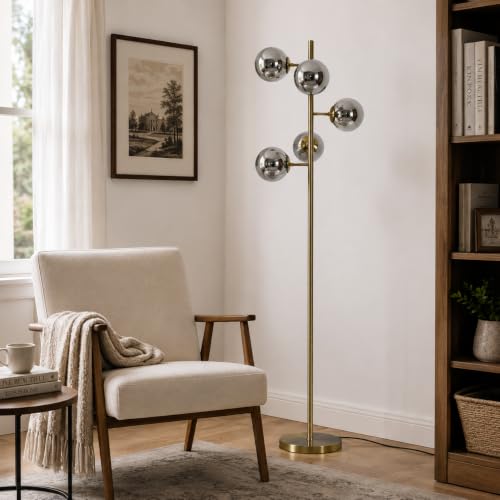 Image of BOKT Gold 5-Light 67'' Tall Floor Lamp Smoked Glass Globes Standing Lamp