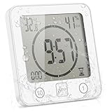OurLeeme Reloj de Ducha a Prueba de Agua Diario, Cuarto de baño Ducha Temporizador Alarma Temperatura Humedad Pantalla Control táctil Reloj de Cuenta Regresiva (Blanco)