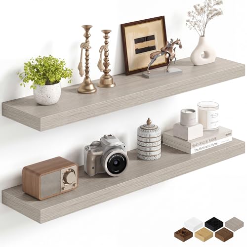 Image of Fun Memories 36Inch Floating Shelves for Wall, 8 Inch Deep Shelves for Bathroom|Bedroom|Kitchen, Large Wall Mounted Wood Hanging Shelf with Invisible Brackets for Home Storage Decor, Grey - 2 Pack