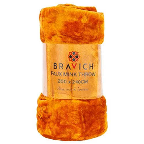 Bravich Mjukt fuskmink-överkast – guld. King size stor fluffig filt för säng, soffa och täcke sängkläder. Fuskpäls tjock fleece överkast för hemmet – (guld, kung, 200 x 240 cm).