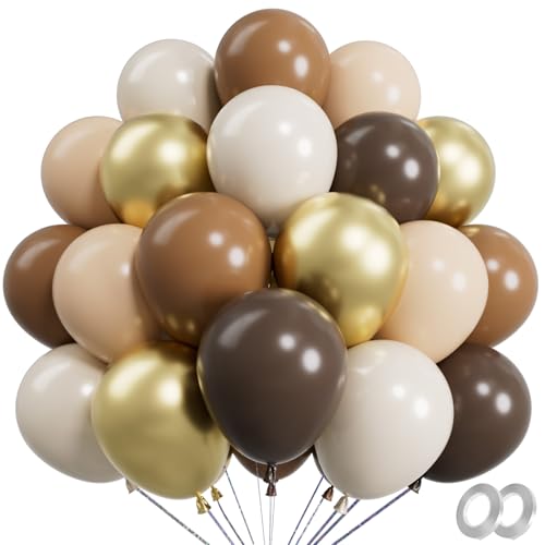 Image of RainbowQ Brown and Gold Balloons: 67PCS 12 inch Tan Sand White Metallic Gold Latex Helium Coffee Balloons Set for Anniversary Wedding Birthday Party Decorations