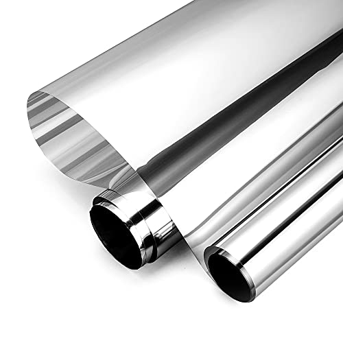 One Way Window Tint Film for Home Office, Daytime Privacy Mirror Effect Glass Covering, Reflective Heat Control Anti UV Door Sticker for House (Silvery, 17.5