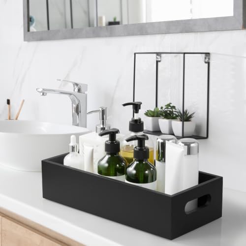 ALELION 14 Inch Black Wood Bathroom Storage Basket with Handles, Toilet Paper Basket for Back of Toilet Tank Top, Wooden Organizer Tray for Bathroom Countertop, Vanity, Kitchen, Pantry, Laundry Room — view 6
