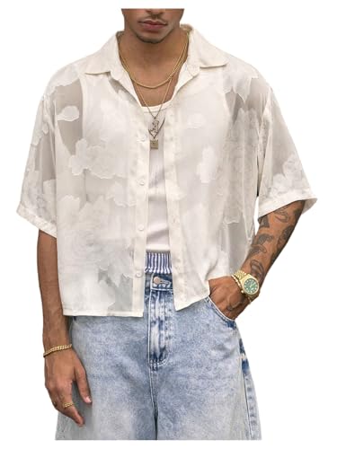 Men's Floral Button Down Shirts Y2k Sheer Mesh Half Sleeve Cropped Shirt Collar Loose Casual Boho Tops