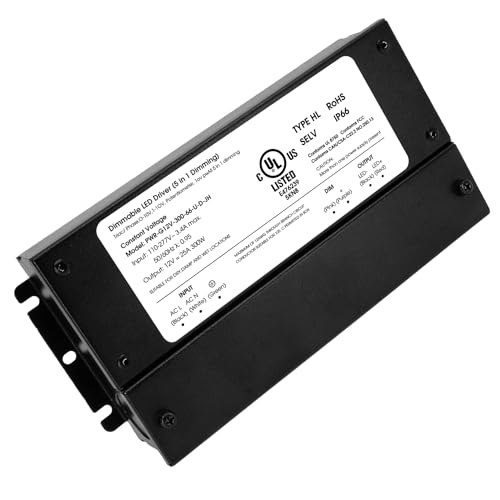 HitLights 300W Dimmable LED Driver, Electronic Transformer, 120V AC to 12V DC Power Supply for LED Strip Light, IP66 Rated, Dimming with TRIAC, 0-10V, 1-10V, Potentiometer, 10V PWM, UL Listed, Class 2