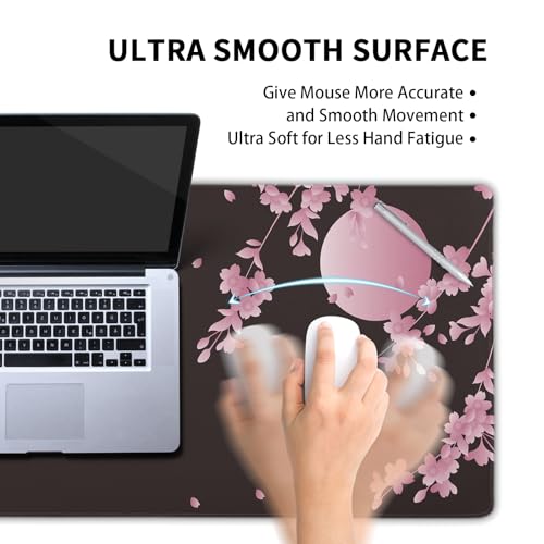 Sakura Cherry Blossom Extended Gaming Mouse Pad Non-Slip Rubber Base Pink Large Mousepad 35.4×15.7in with Stitched Edge Waterproof Flower Keyboard Pads Black Desk Laptop Mats for Work/Game/Office - Image 6