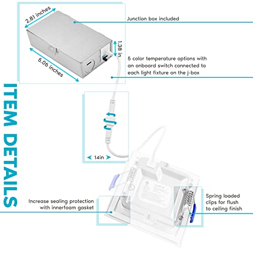Luxrite 3 Inch Ultra Thin Square Led Recessed Lighting, 8W, 5Cct Color Selectable 2700K-5000K, 540 Lumens High Output, Dimmable Led Wafer Lights, Wet Rated, Energy Star, Etl, Baffle Trim #TOP2