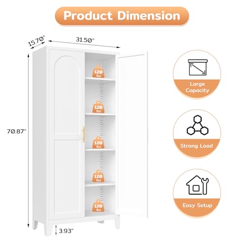 Zevemomo 71'' Tall Metal Pantry Cabinet with 2 Doors, Freestanding Kitchen Storage Cabinet with 4 Adjustable Shelves, Steel Cupboard for Kitchen, Pantry, Dining Room, Living Room, Bathroom, White by Zevemomo - Image 2