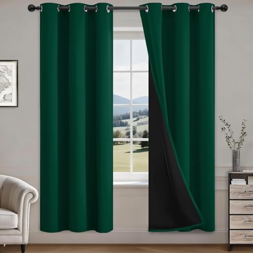 Image of COSVIYA 100% Dark Green Blackout Curtains for Kids Room 72 Inches Length