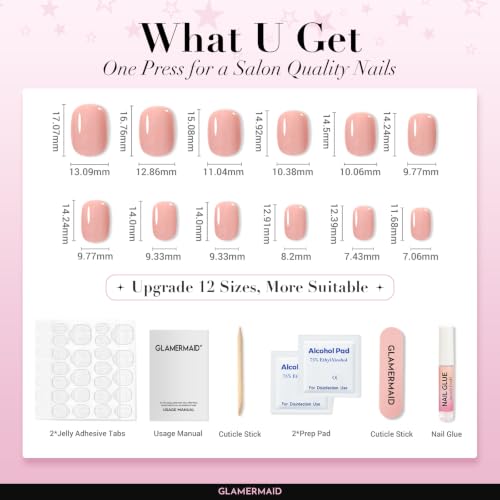 GLAMERMAID Nude Pink Press on Nails Short, Cinnamon Fake Nails Round Sqaure