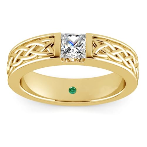 Ayafee Center 0.5 Carat Princess Cut IGI Certified Lab Grown Diamond Ring 10K 14K 18K Gold Mens Diamond Celtic Knot Engagement Ring with Natural Emerald (D Color VVS Clarity) - 18K Gold