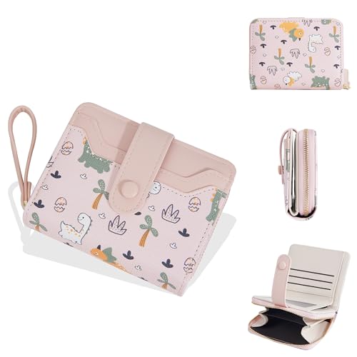 Belsmi Compact Small Leather Wallet, Dinosaur Print, For Women/Girls, Mini Bifold (Pink)