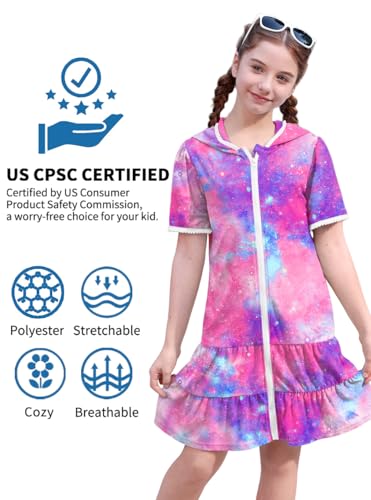 Image of BesserBay Girls Summer Beach Quick Dry Cover Up Ruffle Hem Terry Smocked Hooded 4-14 Years with Pockets
