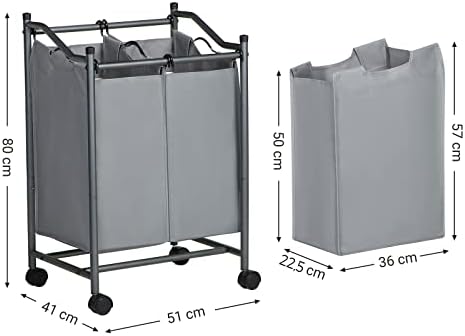 SONGMICS Rolling Laundry Sorter, Laundry Basket with 2 Removable Bags, Laundry Trolley, Toy Organiser on Wheels, Sturdy, 2 x 45L, Grey LSF002GS 50,5 x 41 x 79,9 cm (L x B x H),Gray