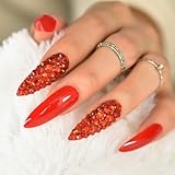 IKISKT Press on Nails, Super Long Sexy Red with Diamond Deco French Stiletto Nails, Acrylic Glue On Nails, Reusable Stick On Nails Easy to Apply & Remove Salon Nail for Women & Girls