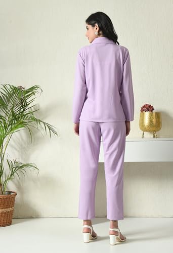 Image of Women's Lyocell Casual Solid Full Sleeve Collared Top and Pant Set with Blazer | Western Set for Women