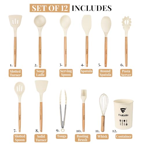 Image of Fruitalite Silicone Kitchen Utensils Spoon Spatula Cooking Set of 12 Pcs | Non-Stick with Wooden Handle- BPA Free, Heat Resistant, Flexible Non Toxic Silicon Cookware Tools with Holder- Beige