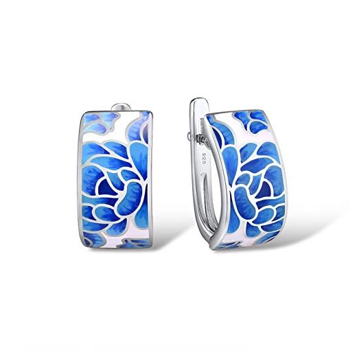 Santuzza Lotus Earrings 925 Sterling Silver Blue Enamel Flower Dangle Earrings for Women
