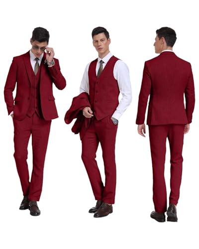 Image of Retro 3 Piece Suit Tweed Herringbone Men's Suits Slim Fit Jacket Vest Pant | Tweed Wool Blend Retro 3 Piece Suit Herringbone Men's Suits Vintage Wedding Groom Tux Set Dress Prom Single Breasted Jacket