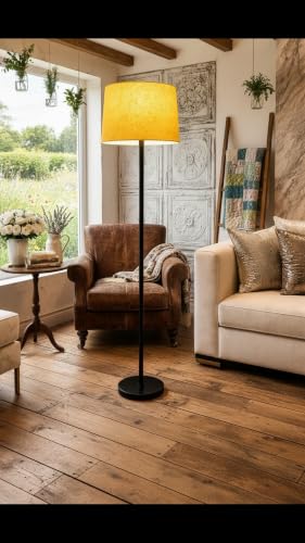 Image of Modern Floor Lamp with Fabric Shade, Metal Base, Red | Standing Lamp, Living Room & Bedroom, Warm Ambient Lighting, Home Decor (Yellow)