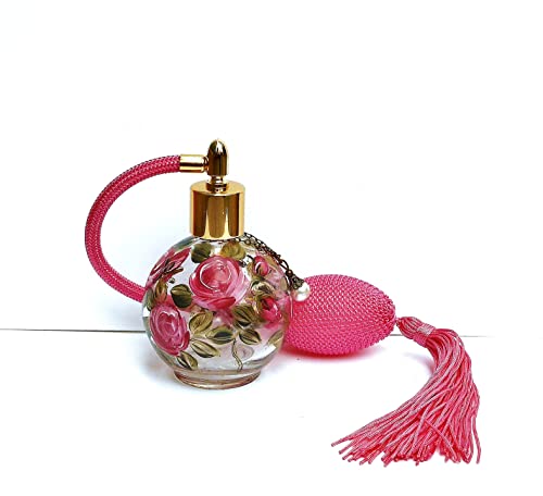 Vintage Style Atomizer Bulb Spray Glass Perfume Bottle with Long Tassel and Hand Painted Pink Roses Romantic Vanity Decor Accessories Gifts for Women Goddess Arts Collection3