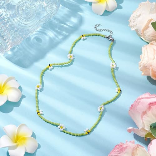 1Pc Glass Seed Bead Beaded Flower Necklaces Spring Green Flower & Bees Beaded Necklace with 304 Stainless Steel Tail Chain 16.77 inch/42.6cm Long 8.5mm/0.33 inch Extender 42mm/1.65 inch