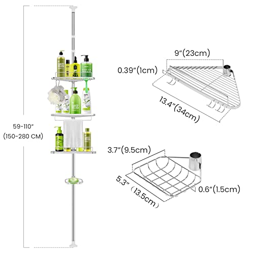 Yvilant Corner Shower Caddy Tension Pole, 4 Layer Rustproof Shower Corner Shelf Stainless Steel Pole Organizer Standing Shower Organizer Adjustable Shower Shelf, 59-110 Inches, Silver #TOP5