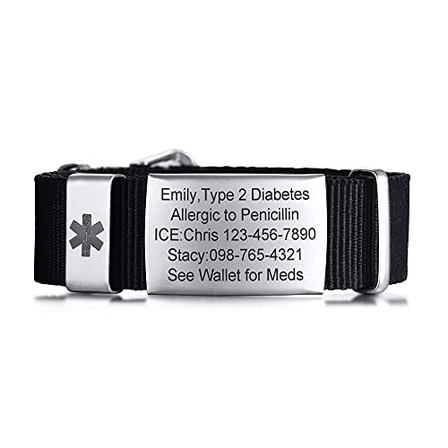 VNOX Bracciali di allerta medica per uomo donna braccialetti personalizzati sport medico ID, 7.1 inches, Acciaio inossidabile, Senza pietre preziose