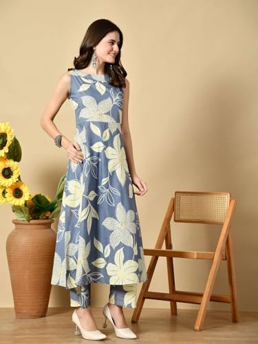 Image of Amazon Brand - Tavasya Women Rayon Anarkali Kurta Pant Set | Floral Printed Ethnic Kurta Set | Sleeveless Flared Anarkali Kurta with Pant | Casual