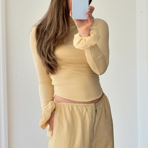 Women Y2k Turtleneck Rib Knit Top Long Sleeve Slim Fit Ruffled Cuffs Blouse Shirt Fall Aesthetic Going Out Top2