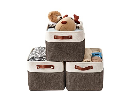DECOMOMO Storage Bins | Fabric Storage Basket for Shelves for Organizing Closet Shelf Nursery Toy | Decorative Large Linen Closet Organizers with Handles Cubes (Brown and White, Large - 3 Pack)