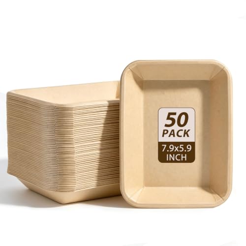 50 Pack Paper Food Trays, 4Lb Disposable Serving Trays 7.87" x 5.92" Disposable Paper Boat Plates Containers, Eco-Friendly Nacho Trays for French Fries Snack Hot Dog Taco BBQ Popcorn (Brown)