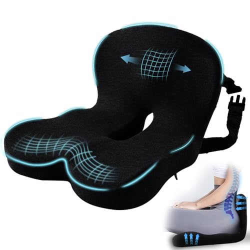 Image of Car Seat Cushion, Memory Foam Driving Cushion with Adjustable Strap, Ergonomic Pad for Car & Semi Truck, Office Chair Cushion for Sciatica & Lower Back Pain Relief, Black