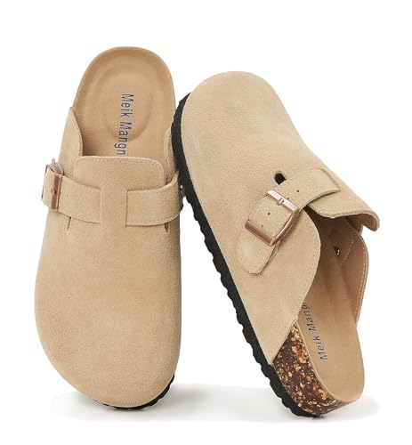 Meik Mangni Zuecos y Mules para Mujer Pantuflas de Piel con Corcho Cerradas Hombre Mules Cómodos Zapatillas de Jardín con Hebilla Ajustables,Beige,39 EU