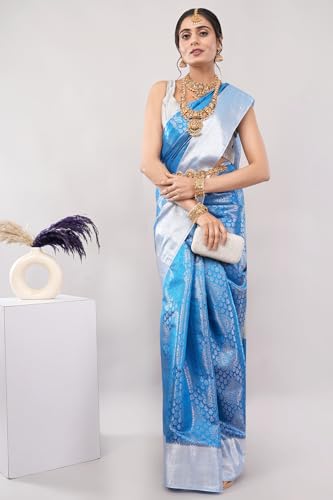Image of Ambrarambh Cerulean Blue Silver Zari Woven Kanjivaram Silk Saree Brocade Pattern Traditional Ethnic Draping Wear