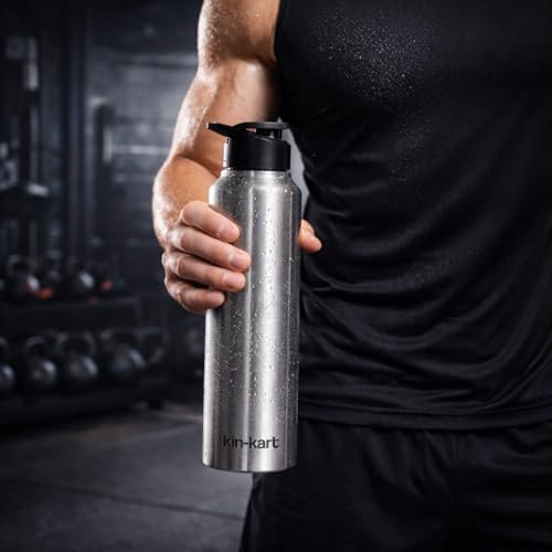Image of Kin-Kart Water Bottles 1000 ml Stainless Steel Water Bottle 1 Litre | Eco friendly Steel BPA Free Leakproof Water Bottles for School, Office, Home, Gym (Asian, SILVER)