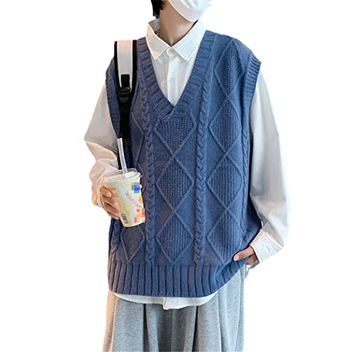 Pull torsadé pour homme col en V sans manches bleu taille M style couple