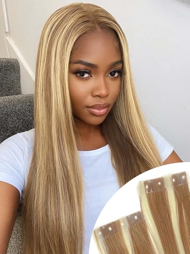 FANCEE Micro Ring PU Hair Extension Genius No Glue Reusable Invisible Skin Weft Tape in Hair-extention with Holes Futura Human-Hair-Like Fiber(Blonde Highlights 27/613#, 50g 10Pcs 22'')