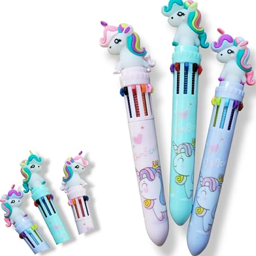 kit 3 Canetas Fofas Coloridas Unicornio 10 em 1