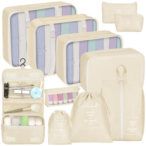 Coolzon Packing Cubes Organizer Valigie Viaggio Set di 11, Compressione Luggage Organizer Viaggio Salvaspazio per i Vestiti, Ultraleggero, Scarpe,Intimo, Beige