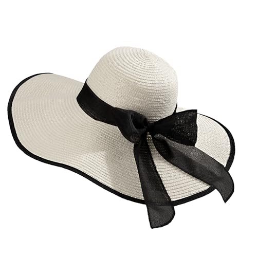 Tunejoy Strohhut Faltbarer Sonnenhut Atmungsaktiv Strandmütze Große Verstellbar mit Breiter Krempe Sonnencreme UV Schutz Aufrollbar für Frauen Damen Fischer Draußen Tourismus Weiße