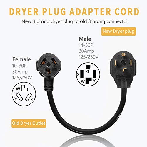 Dryer Adapter Cord, 1.8FT 3 Prong to 4 Prong NEMA 14-30P Male to 10-30R Female, 30A 250V Dryer Cord Adapter 4 to 3 Prong UL Compliant